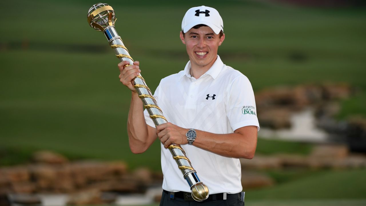 DUBAI, UNITED ARAB EMIRATES - NOVEMBER 20: Matthew Fitzpatrick of England with the DP World Tour Championship Trophy after the final round of the DP World Tour Championship at Jumeirah Golf Estates on November 20, 2016 in Dubai, United Arab Emirates. (Photo by Ross Kinnaird/Getty Images)