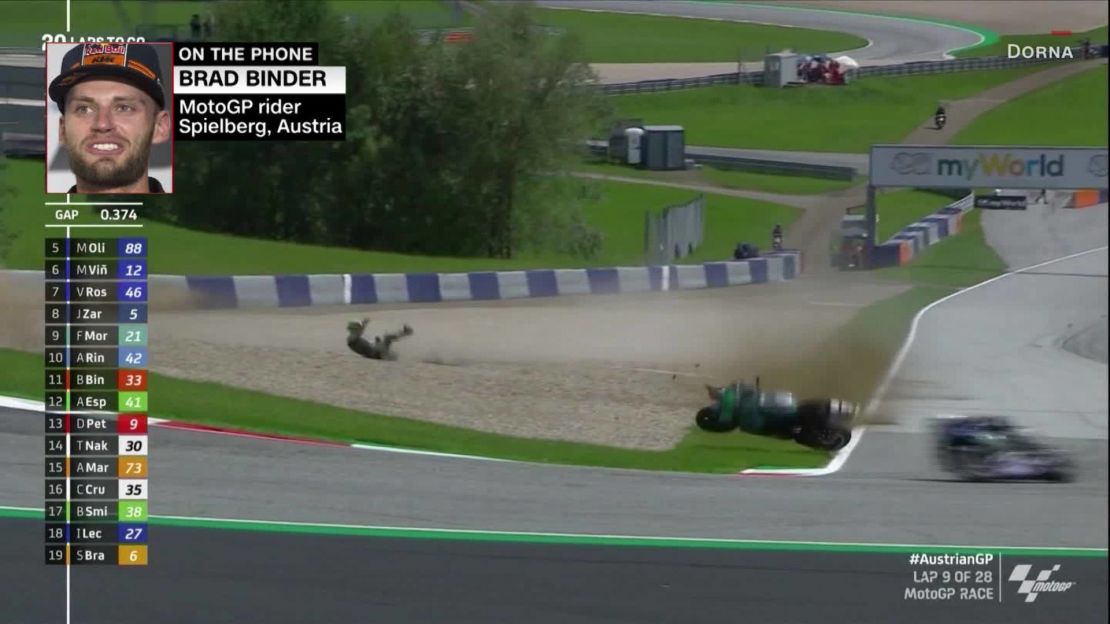 The frightening moment the bikes flew across the track.