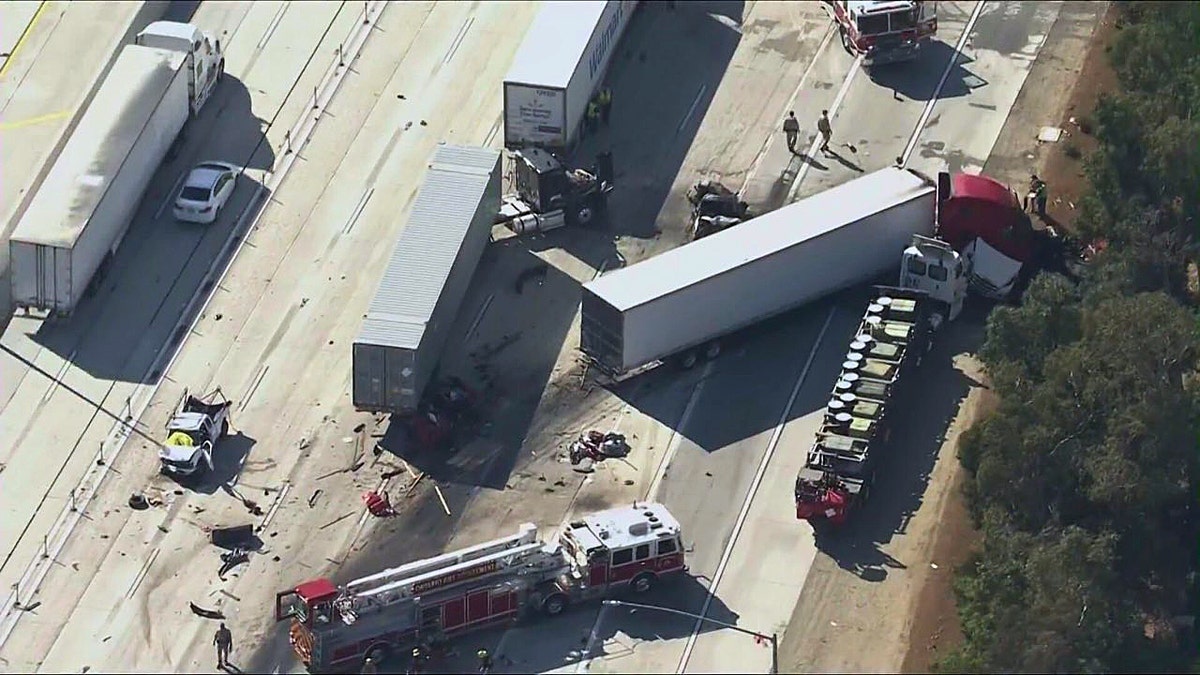 Aerial view of deadly semi-truck crash on I-10 in California.