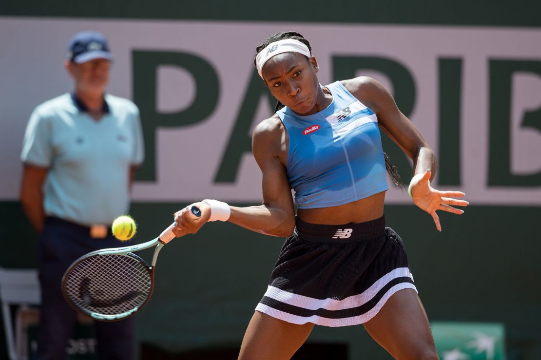 Gauff plays a forehand during the 2023 French Open.