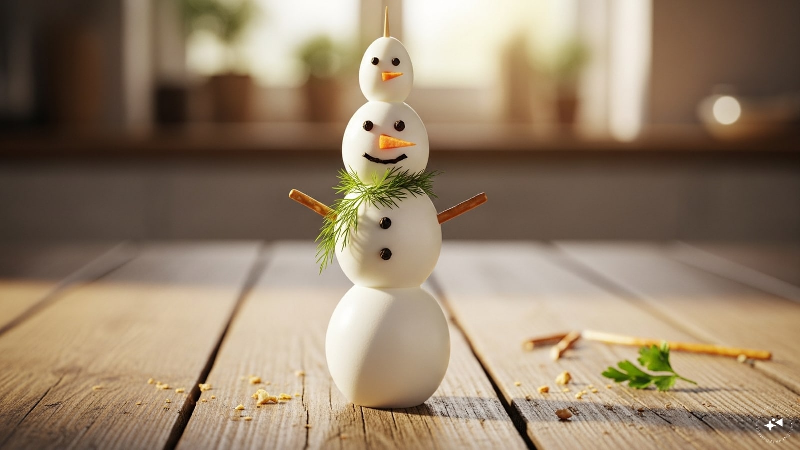 To begin, you’ll need three boiled eggs of varying sizes to mimic the classic snowman shape. Peel them carefully so the surfaces remain smooth and white, resembling freshly fallen snow. Stack the eggs one on top of the other, starting with the largest at the base, then the medium, and finally the smallest at the top. To keep them stable, you can insert a thin skewer or toothpick through the center, anchoring the layers together. This simple trick ensures your snowman won’t topple over while you decorate. To begin, you’ll need three boiled eggs of varying sizes to mimic the classic snowman shape. Peel them carefully so the surfaces remain smooth and white, resembling freshly fallen snow. Stack the eggs one on top of the other, starting with the largest at the base, then the medium, and finally the smallest at the top. To keep them stable, you can insert a thin skewer or toothpick through the center, anchoring the layers together. This simple trick ensures your snowman won’t topple over while you decorate.