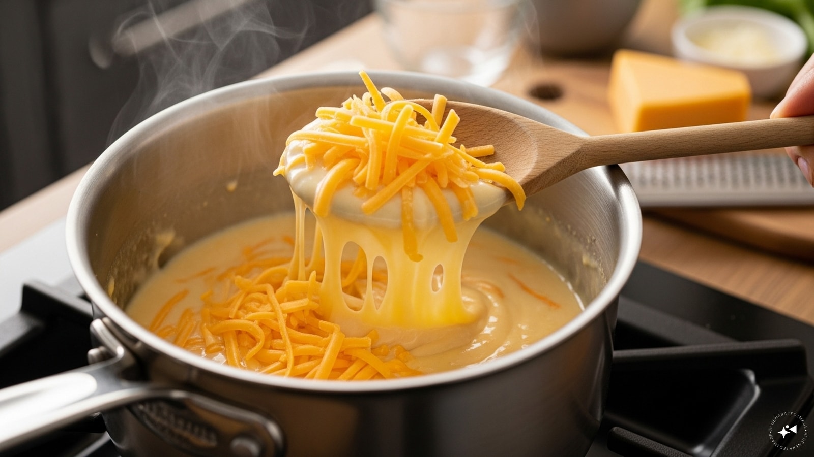 Keep the heat low and gradually add the shredded cheddar, stirring constantly until it melts. Keep the heat low and gradually add the shredded cheddar, stirring constantly until it melts.